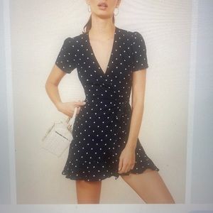 Reformation Navy Linen Sally Polka Dot Dress Size M